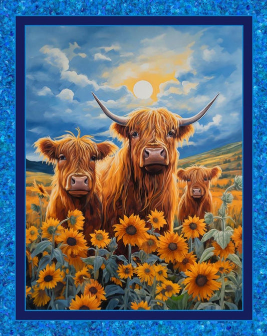 Sunflower Highlands Digital Panel cotton quilt fabric Colorful Highland Cow and Sunflower Scene Panel 36" X 45 " 100% Cotton