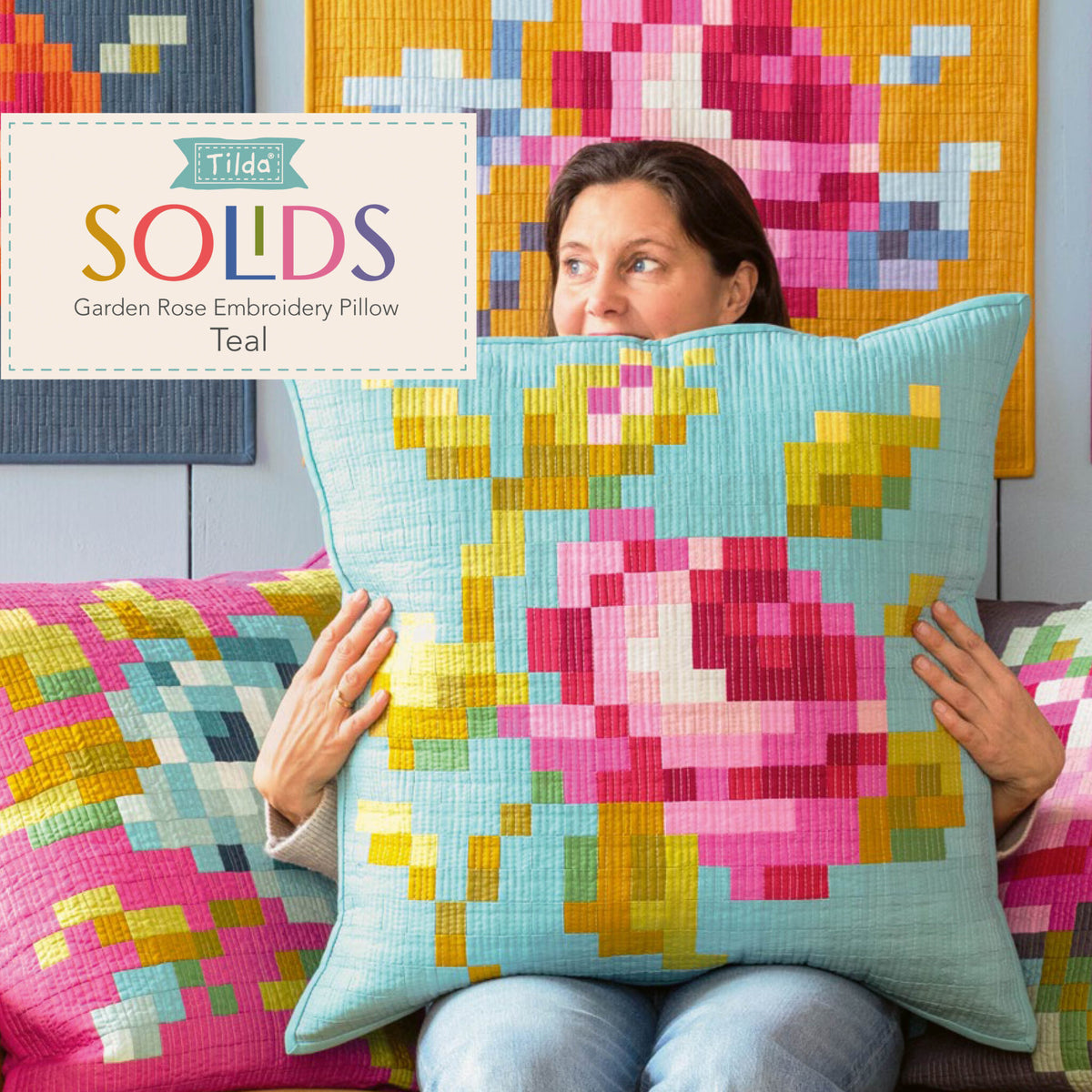 Tilda Garden Rose Embroidery Pillow Kit in Teal Pre-Cut Ready-To-Sew Fabric, Pattern, Binding, and Backing Included