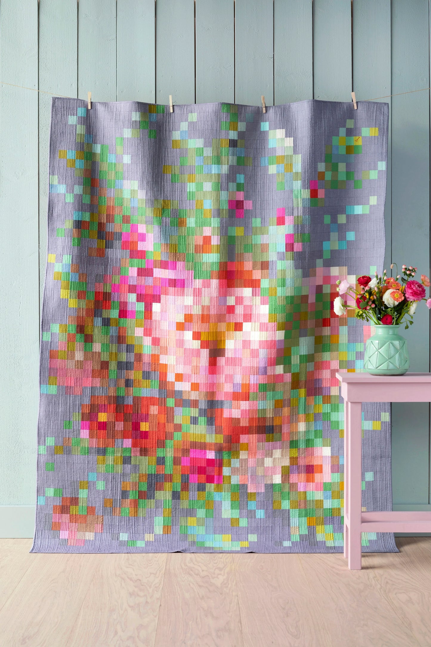 Tilda Flower Bouquet Embroidery Quilt Grey Chambray