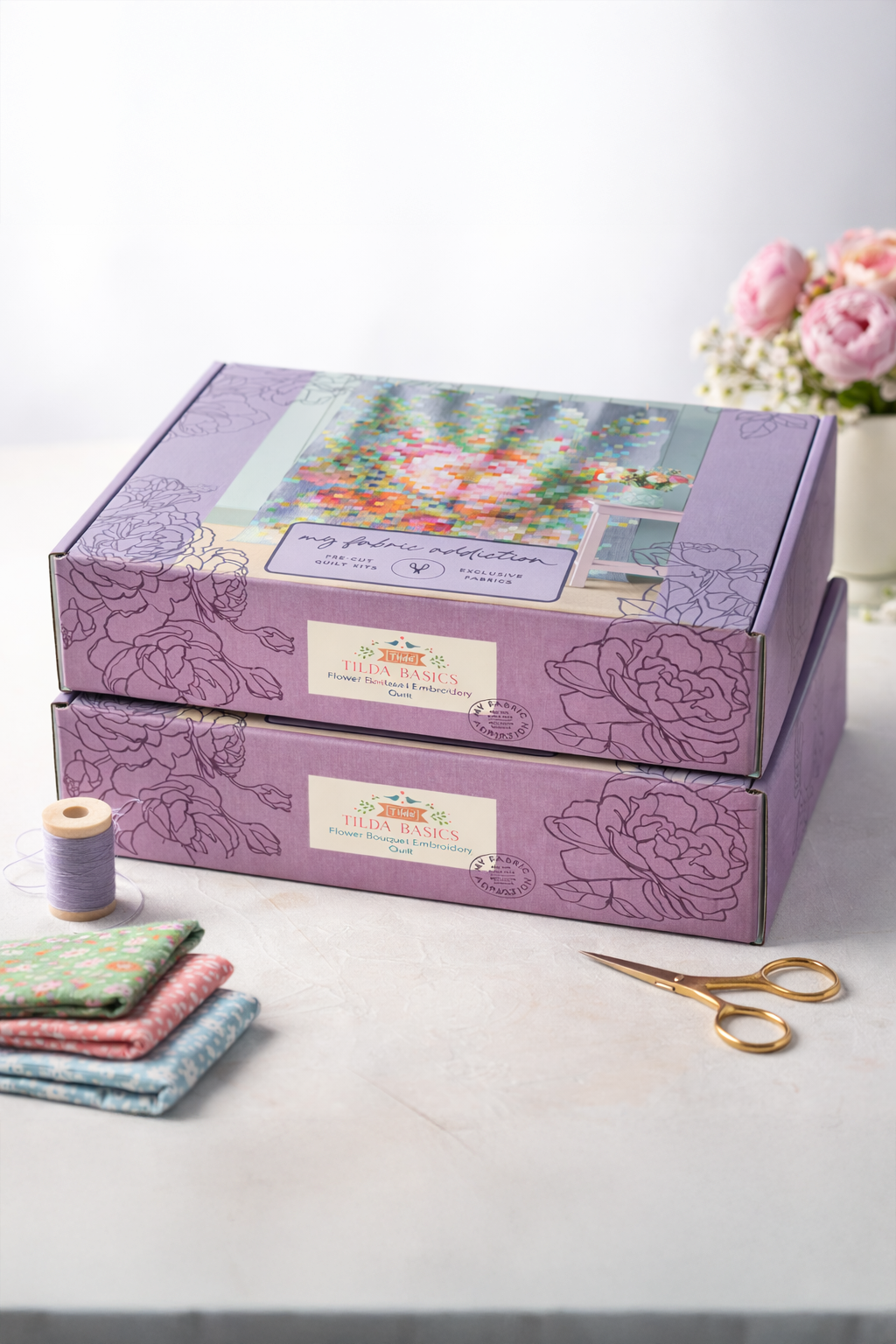 Tilda Flower Bouquet Embroidery Quilt Grey Chambray