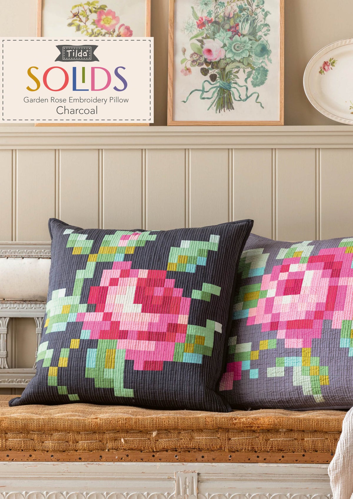 Tilda Garden Rose Embroidery Pillow Kit in Charcoal Pre-Cut Ready-To-Sew Fabric, Pattern, Binding, and Backing Included